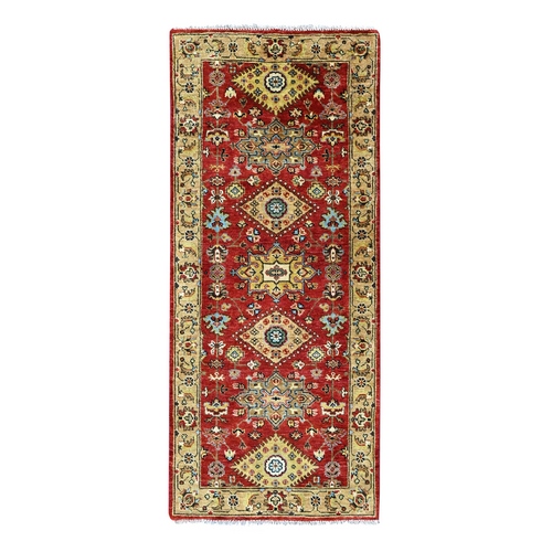 Crimson Red, Karajeh Design with Geometric Medallions, Hand Knotted, Pure Wool, Soft Pile, Runner, Oriental Rug