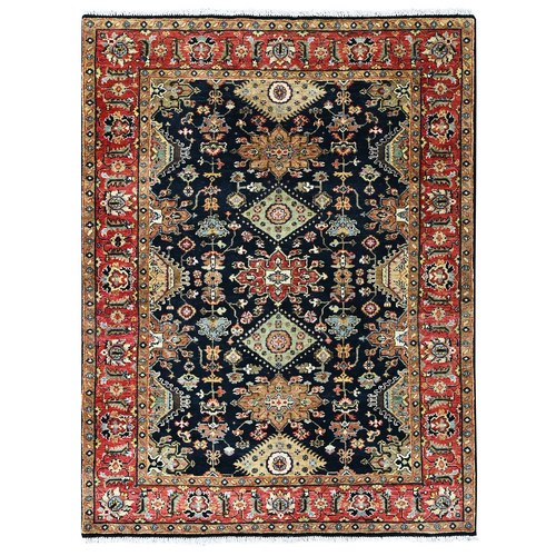 Midnight Black, Karajeh Design with Geometric Medallions, Hand Knotted, Pure Wool, Soft and Vibrant Pile, Oriental 