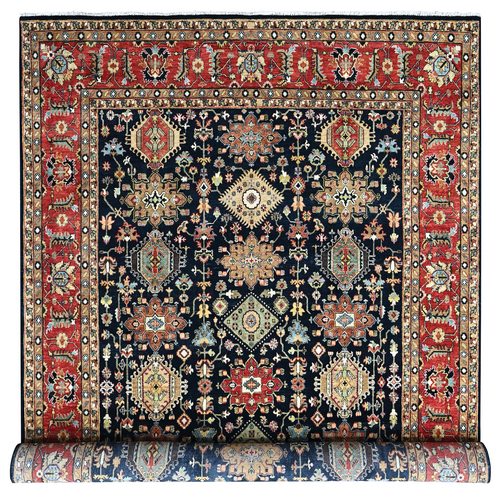 Midnight Black, Karajeh Design with Geometric Medallions, Pure Wool, Hand Knotted, Soft and Vibrant Pile, Oriental 
