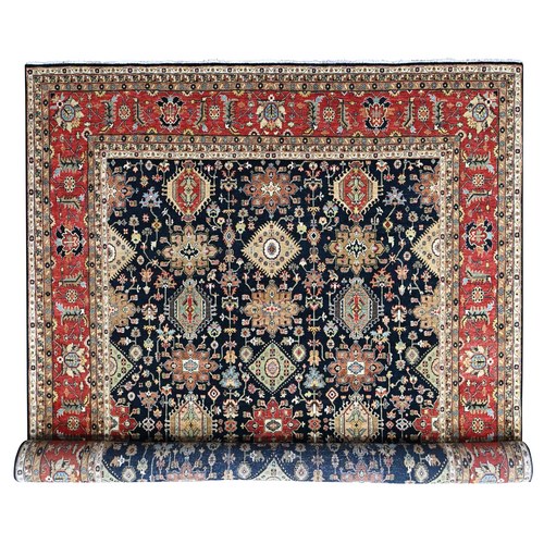 Midnight Black, Karajeh Design with Geometric Medallions, Hand Knotted, Pure Wool, Soft and Vibrant Pile, Oversized, XL, Oriental 