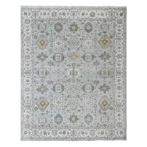 Pistachio Green, Karajeh Design with Geometric Medallions, Hand Knotted, Pure Wool, Oriental 