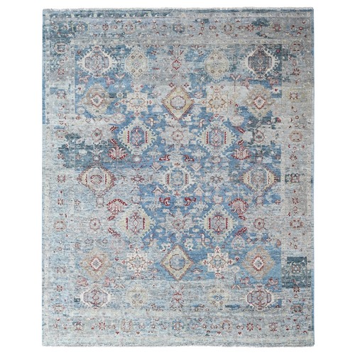 Aegean Blue, Broken and Erased Persian Karajeh Design, Vegetable Dyes, Zero Pile, Distressed, Sheared Low, Hand Knotted, 100% Wool, Oriental 