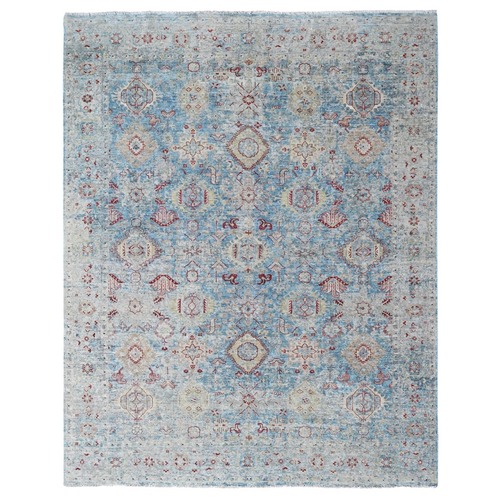 Aegean Blue, Broken and Erased Persian Karajeh Design, Zero Pile, Distressed, Sheared Low, Vegetable Dyes, Hand Knotted, 100% Wool, Oriental 