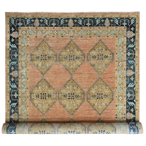 Cantaloupe Orange, Anatolian Design Inspired with Geometric Pattern, Hand Knotted, 100% Wool, Densely Woven, Long and Narrow, Oriental 