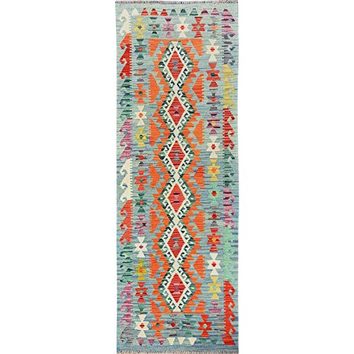 Colorful, Hand Woven, Afghan Kilim with Geometric Pattern, Vegetable Dyes, 100% Wool, Flat Weave, Reversible, Narrow Runner, Oriental 