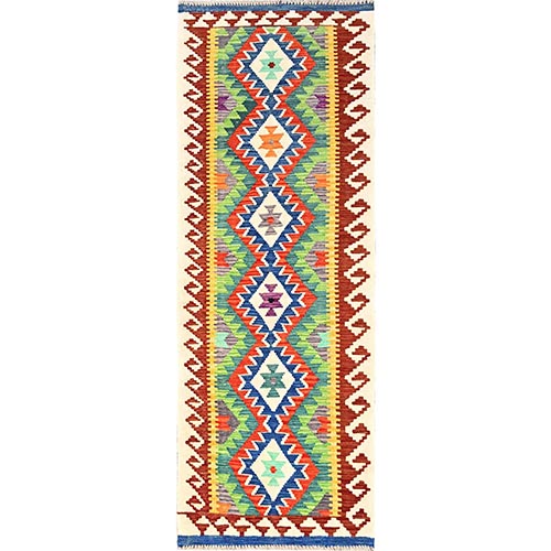 Colorful, 100% Wool, Afghan Kilim with Geometric Pattern, Hand Woven, Vegetable Dyes, Flat Weave, Reversible, Narrow Runner, Oriental 