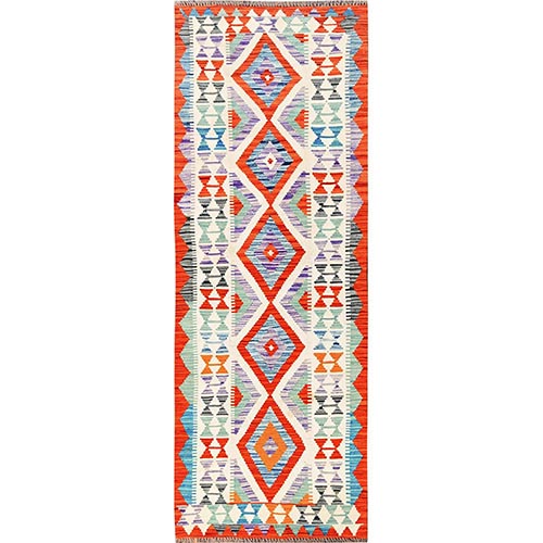 Colorful, Vegetable Dyes, Hand Woven, 100% Wool, Flat Weave, Afghan Kilim with Geometric Pattern, Reversible, Runner, Oriental 