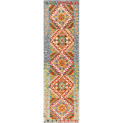 Colorful, Afghan Kilim with Geometric Pattern, 100% Wool, Flat Weave, Vegetable Dyes, Hand Woven, Reversible, Narrow Runner, Oriental 