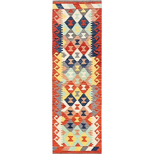 Colorful, Vegetable Dyes, Hand Woven, Flat Weave, 100% Wool, Afghan Kilim with Geometric Pattern, Reversible, Runner, Oriental 