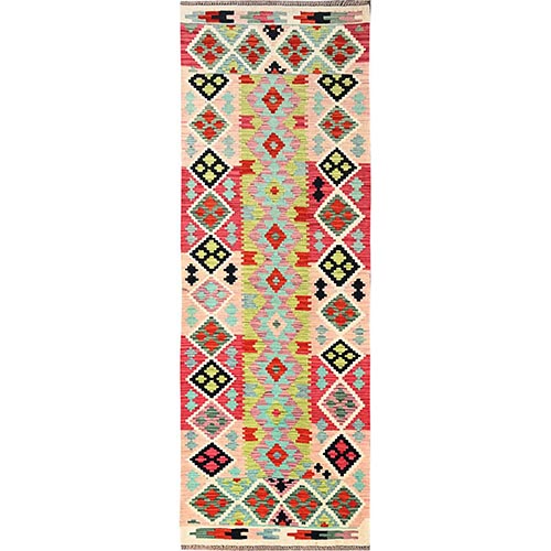 Colorful, Afghan Kilim with Geometric Pattern, Flat Weave, 100% Wool, Vegetable Dyes, Hand Woven, Reversible, Runner, Oriental 