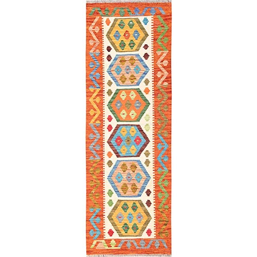 Colorful, Afghan Kilim with Geometric Pattern, Flat Weave, 100% Wool, Vegetable Dyes, Hand Woven, Reversible, Narrow Runner, Oriental 