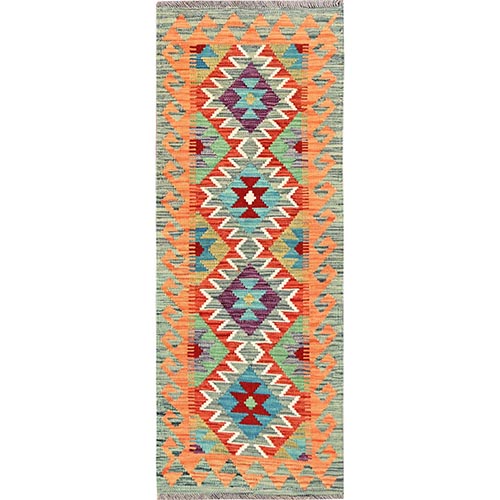 Colorful, Reversible, 100% Wool, Afghan Kilim with Geometric Pattern, Flat Weave, Vegetable Dyes, Hand Woven, Short & Narrow Runner, Oriental 