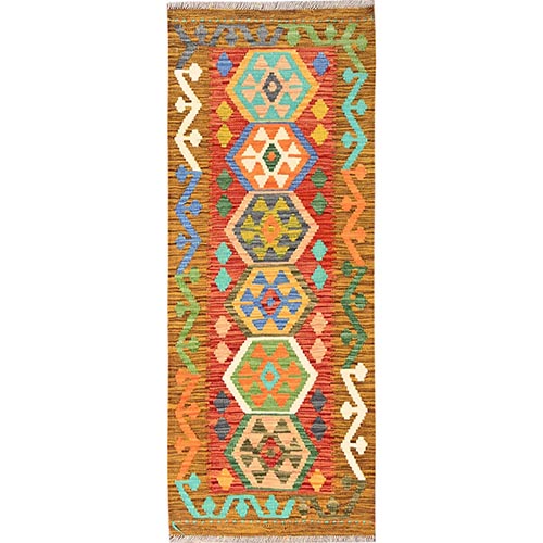 Colorful, 100% Wool, Afghan Kilim with Geometric Pattern, Flat Weave, Vegetable Dyes, Hand Woven, Reversible, Short & Narrow Runner, Oriental Rug 