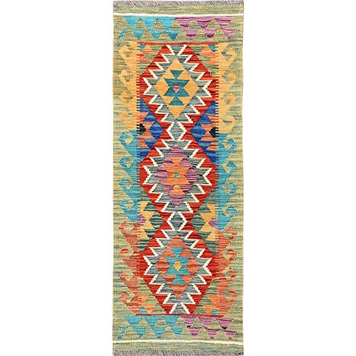 Colorful, Flat Weave, Afghan Kilim with Geometric Pattern, 100% Wool, Vegetable Dyes, Hand Woven, Reversible, Narrow & Short Runner, Oriental 