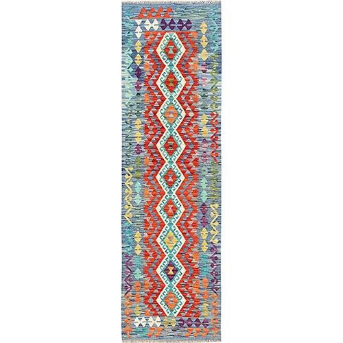 Colorful, Hand Woven, Afghan Kilim with Geometric Pattern, 100% Wool, Vegetable Dyes, Flat Weave, Reversible, Runner, Oriental 