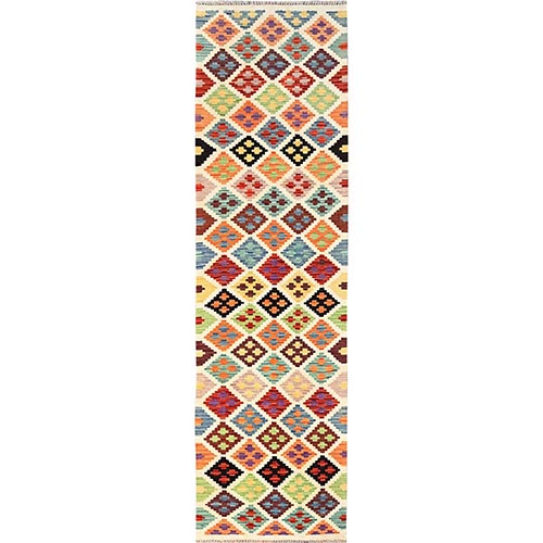 Colorful, Vegetable Dyes, 100% Wool, Afghan Kilim with Geometric Pattern, Flat Weave, Hand Woven, Reversible, Narrow Runner, Oriental 