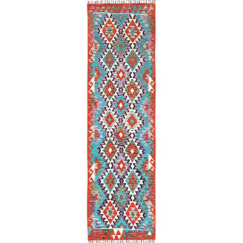 Colorful, Reversible, 100% Wool, Afghan Kilim with Geometric Pattern, Vegetable Dyes, Flat Weave, Hand Woven, Runner, Oriental 