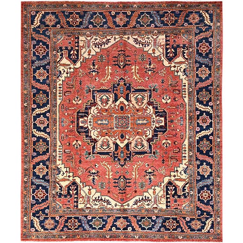 Blush Red, Hand Knotted, Aryana Collection, Serapi Heriz with Large Medallion Design, Vegetable Dyes, High Mountain Wool, Soft Pile, Densely Woven, Oriental 