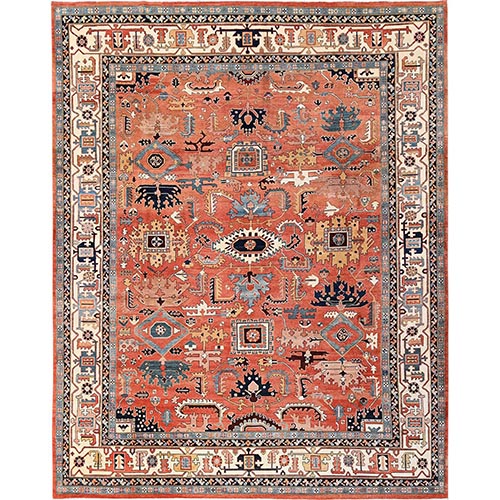Coral Color, Afghan Peshawar with Heriz All Over Design, Hand Knotted, Soft Wool, Densely Woven, XL, Oversized, Oriental 