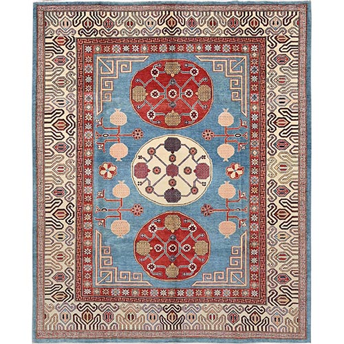 Fjord Blue, Afghan Special Kazak with Samarkand Pomegranate Design, Pure Wool, Hand Knotted, Densely Woven, Vegetable Dyes, Oriental 