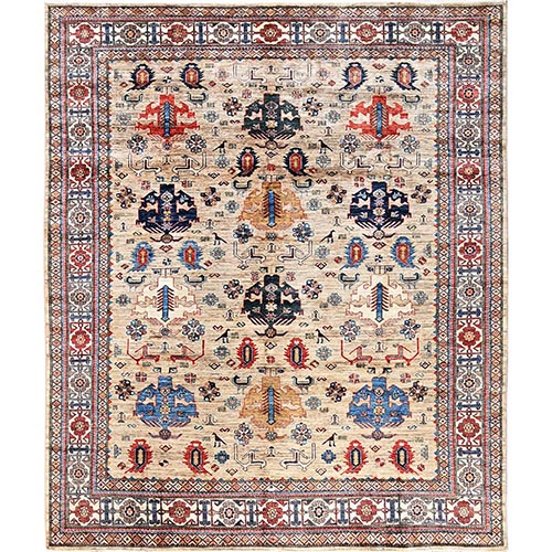 Beige, Hand Knotted, Afghan Super Kazak with Geometric Medallions Design, Pure Wool, Vegetable Dyes, Oriental 