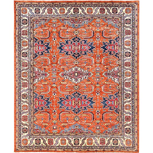 Carrot Orange, Pure Wool, Afghan Super Kazak with Tribal Design, Hand Knotted, Vegetable Dyes, Oriental 