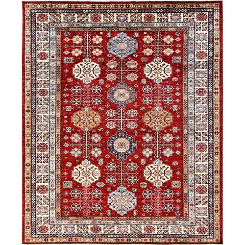 Scarlet Red, Afghan Super Kazak with Geometric Medallions Design, Hand Knotted, Pure Wool, Vegetable Dyes, Oriental 