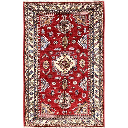Crimson Red, Hand Knotted, Afghan Super Kazak with Tribal Medallions Design, Pure Wool, Vegetable Dyes, Oriental 