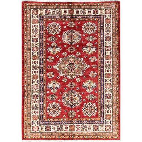 Scarlet Red, Afghan Super Kazak with Geometric Medallions Design, Hand Knotted, Pure Wool, Vegetable Dyes, Oriental 