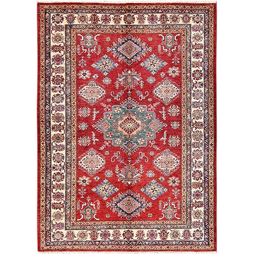 Crimson Red, Hand Knotted, Afghan Super Kazak with Geometric Medallions Design, Pure Wool, Vegetable Dyes, Oriental 