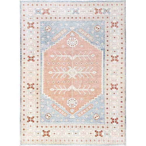 Peach Color, Zero Pile, Anatolian Village Design, Turkish Knot, Sheared Low, Hand Knotted, 100% Wool, Oriental 