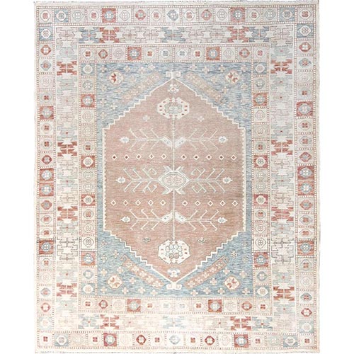 Coral Pink, Hand Knotted, Anatolian Village Design, Turkish Knot, Zero Pile, Sheared Low, 100% Wool, Oriental 