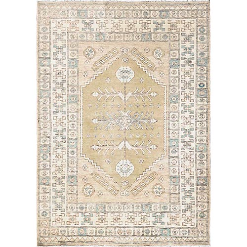 Beige, Anatolian Village Design, Turkish Knot, Zero Pile, Sheared Low, Hand Knotted, 100% Wool, Oriental 