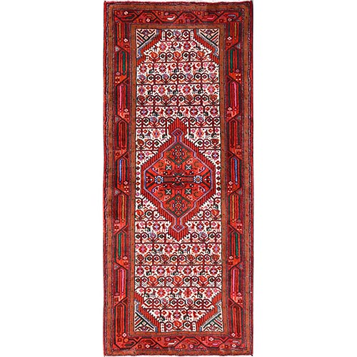 Daisy White, New Persian Hamadan with Geometric Medallion, Full Pile and Soft, Hand Knotted, Pure Wool, Runner, Oriental 