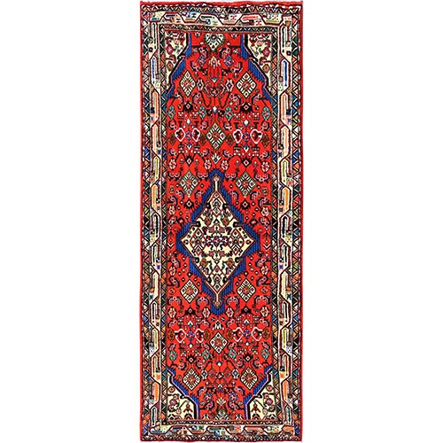 Prismatic Red, Full Pile and Soft, New Persian Hamadan with Geometric Medallion, Hand Knotted, Pure Wool, Runner, Oriental 