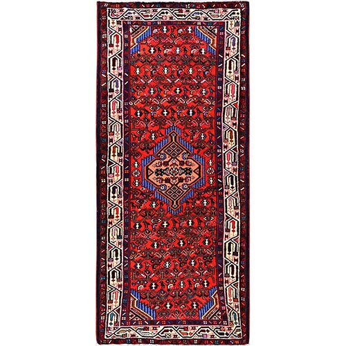 Crimson Red, New Persian Hamadan with Geometric Medallion, Hand Knotted, Full Pile and Soft, Pure Wool, Runner, Oriental 