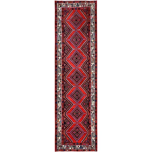 Ajax Red, New Persian Hamadan with Geometric Pattern, Hand Knotted, Full Pile and Soft, Pure Wool, Runner, Oriental 