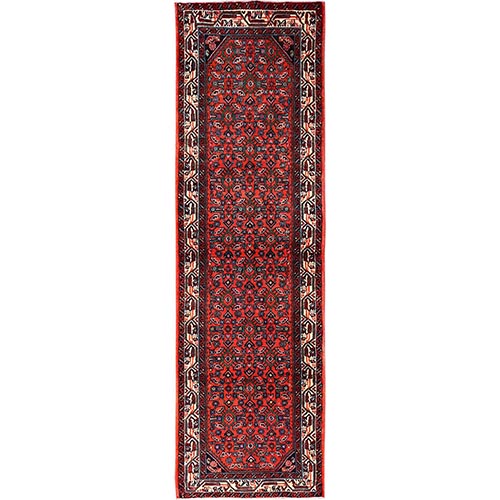 Chili Red, New Persian Hussainabad with All Over Design, Full Pile and Soft, Hand Knotted, Pure Wool, Runner, Oriental 