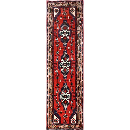 Crimson Red, Pure Wool, New Persian Hamadan with Geometric Medallions, Full Pile and Soft, Hand Knotted, Runner, Oriental 