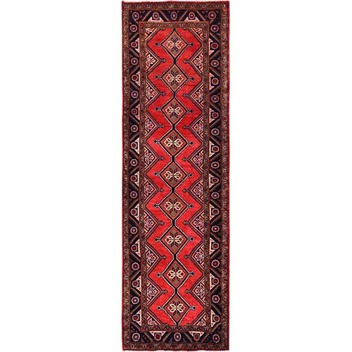 Crimson Red, New Persian Hamadan with Geometric Pattern, Hand Knotted, Full Pile and Soft, Pure Wool, Runner, Oriental 