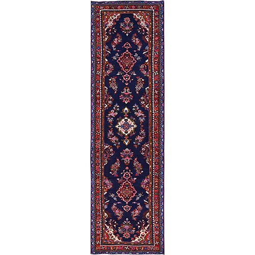 Navy Blue, New Persian Hamadan with All Over Design, Full Pile and Soft, Pure Wool, Hand Knotted, Wide Runner, Oriental 