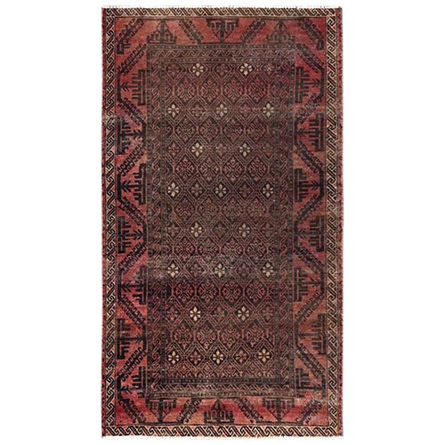Chocolate Brown, Antique Baluch with Repetitive Design, Worn and Distressed, Cropped Thin, Zero Pile, Sides and Ends Professionally Secured, Hand Knotted, 100% Wool, Oriental 