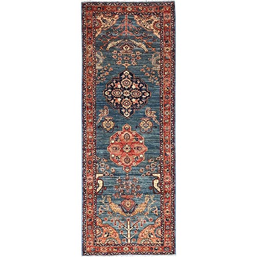 Horizon Blue, Tabriz with Peacocks, Persian Design, Aryana Grade, Vegetable Dyes, Soft Pile, Hand Knotted, High Mountain Wool, Densely Woven, Runner, Oriental 
