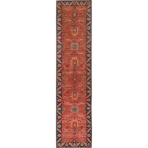 Sandstone Orange, Antiqued Heriz Design, Vegetable Dyes, High Mountain Wool, Aryana Grade, Hand Knotted, Soft Pile, Densely Woven, Runner, Oriental 