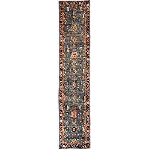 Stone Blue, Heriz All Over Design, Aryana Collection, High Mountain Wool, Hand Knotted, Soft Pile, Densely Woven, Vegetable Dyes, XL, Wide Runner, Oriental 