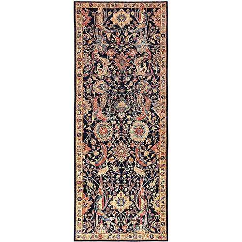 Moonlit Ocean Blue, Peacock Persian Sickle Leaf Design, Vegetable Dyes, Pure Wool, Hand Knotted, Aryana Grade, Soft Pile, Densely Woven, Wide Runner, Oriental 