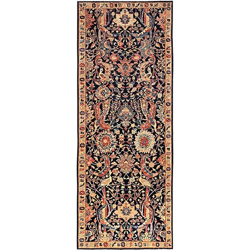 Deep Dive Blue, Hand Knotted, Aryana Grade, Peacock Persian Sickle Leaf Design, Vegetable Dyes, Pure Wool, Soft Pile, Densely Woven, Wide Runner, Oriental 