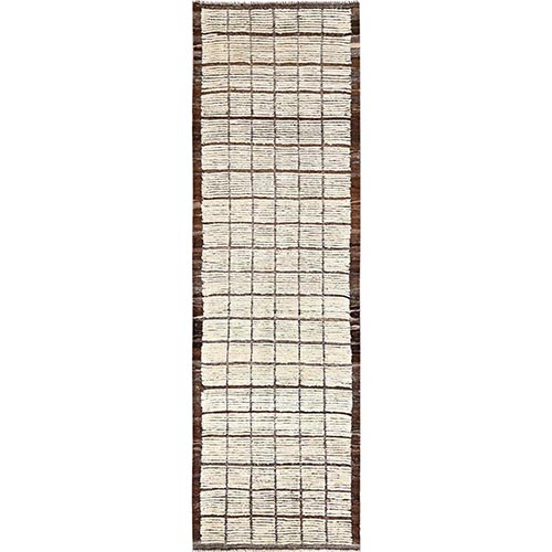 Linen White, Moroccan Weave with Grid Design, Textured Pile, Tone on Tone, Undyed Natural Wool, Hand Knotted, Runner, Oriental 