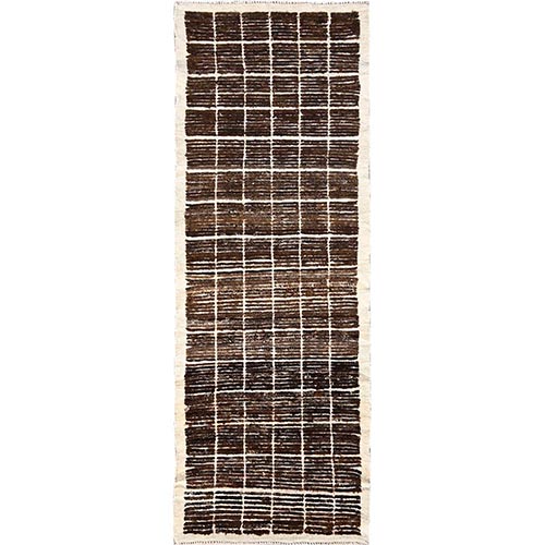 Chocolate Brown, Textured Pile, Tone on Tone, Moroccan Weave with Grid Design, Undyed Natural Wool, Hand Knotted, Runner, Oriental 