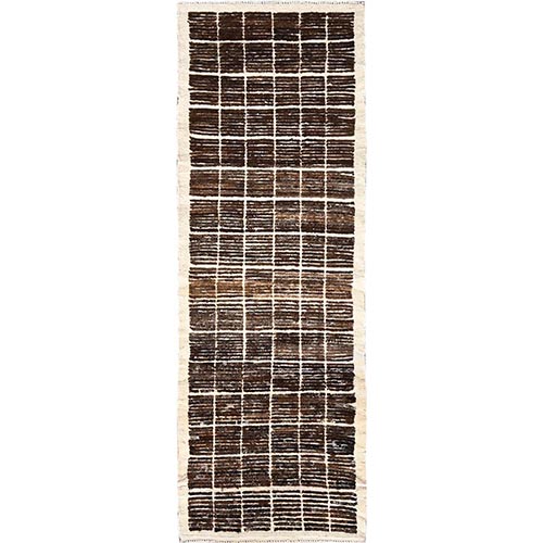 Tiramisu Brown, Moroccan Weave with Grid Design, Textured Pile, Tone on Tone, Undyed Natural Wool, Hand Knotted, Runner, Oriental Rug